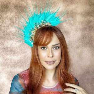 Aqua Blue Feather Fascinator Feather Headband Kentucky Derby Jeweled Headband Turquoise Blue Feather Headpiece Races Wedding Feather Crown