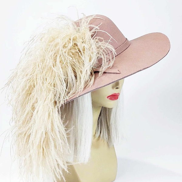 Beige Ostrich Feather Hat for Races Latte Pink Felt Hat with Feathers Festivals Vintage Style Hat Felt Hat with Beige Feathers 70s Boho Hat