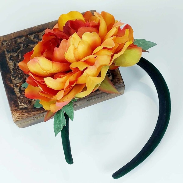 Burnt Orange Silk Peony Flower Headpiece Forest Green Velvet Headband Vintage Retro Style Luxury Orange Flower Fascinator Races Tea Party