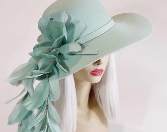 Mint Green Feather Hat for Races Felt Hat with Feathers for Wedding Vintage Style Hat Felt Hat with Feathers for Festivals 70s Boho Felt Hat