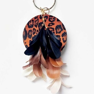 Feather Bag Charm Black Brown Beige Feather Bag Clip Handbag Accessories Boho Festival Bag Charm with Feathers Suede and Gold Metal Beads