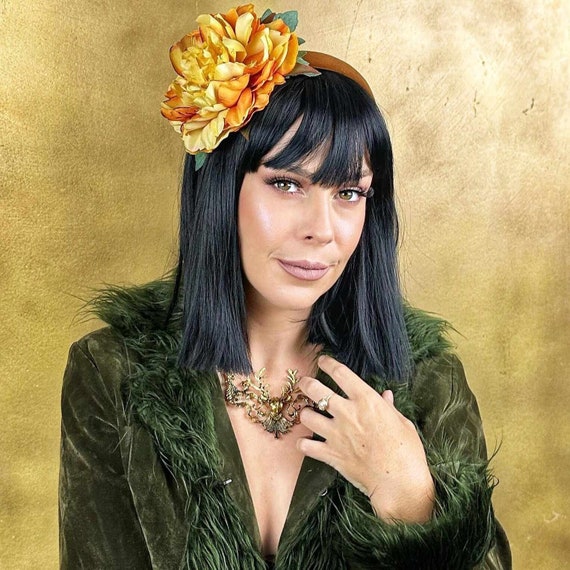 Amber Yellow Silk Peony Flower Fascinator on a Brown Velvet  display picture 1