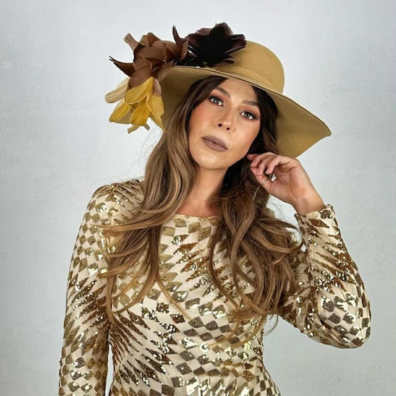 Buy Tan Cinnamon Brown Ombré Feather Tan Felt Hat Boho  display picture 1