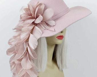 Dusty Pink Feather Hat DELUXE for Races Felt Hat with Feathers Festival Hat Vintage Style Felt Hat with Pink Feathers 70s Floppy Boho Hat