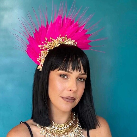 Hot Pink Feather and Gold Vintage Style Jewelled Fascinator 