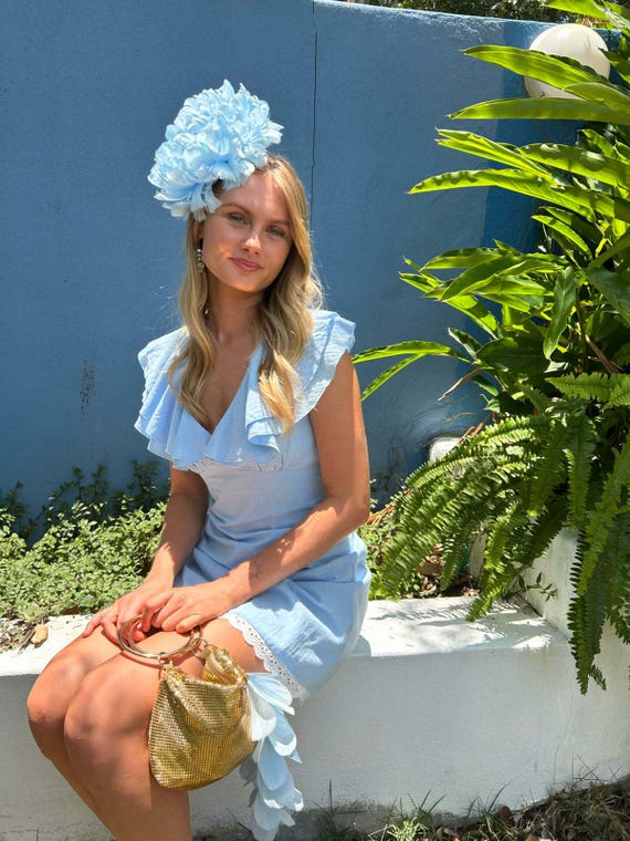 Statement Blue Floral Fascinator Headpiece VALERIE Statement Floral Fascinator Teal Blue Silk Taffeta  main image 4