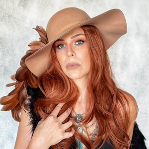 Brown Feather Hat Tan Felt Floppy Hat Boho Festival Hat Kentucky Derby Race Hat Vintage Style Hat Special Event Hat Retro Rock n Roll Hat