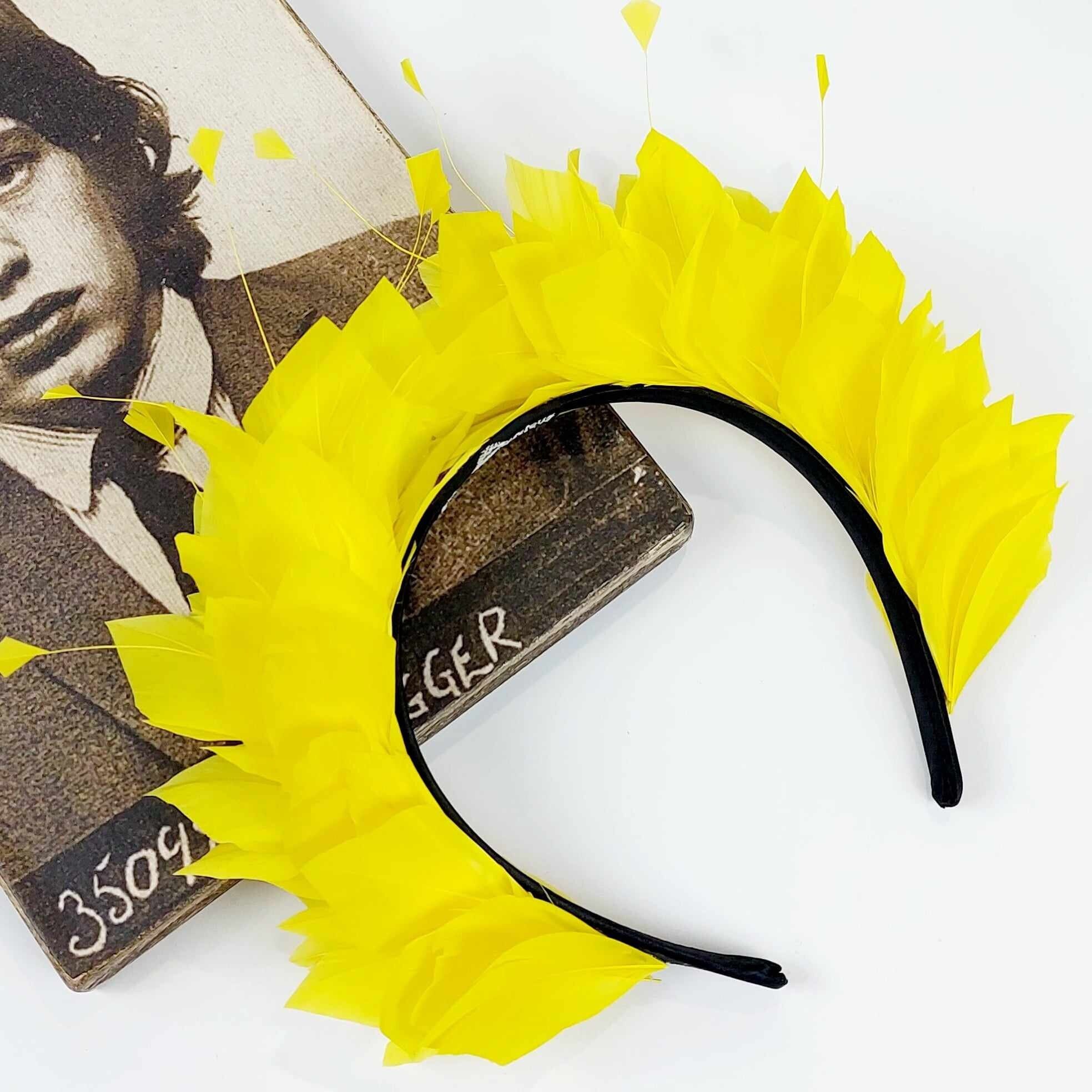 Yellow Feather Crown for Races Feather Fascinator for Weddings Feather Headpiece for Festivals Yellow Feather Headband Hair Accessories