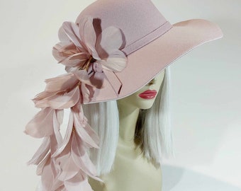 Dusty Pink Feather Hat for Races Felt Hat with Feathers Festival Hat Vintage Style Felt Hat with Pink Feathers 70s Floppy Boho Hat for Women