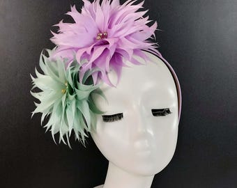 Lilac and Dusty Mint Green Feather Flower Fascinator Spring Racing Style