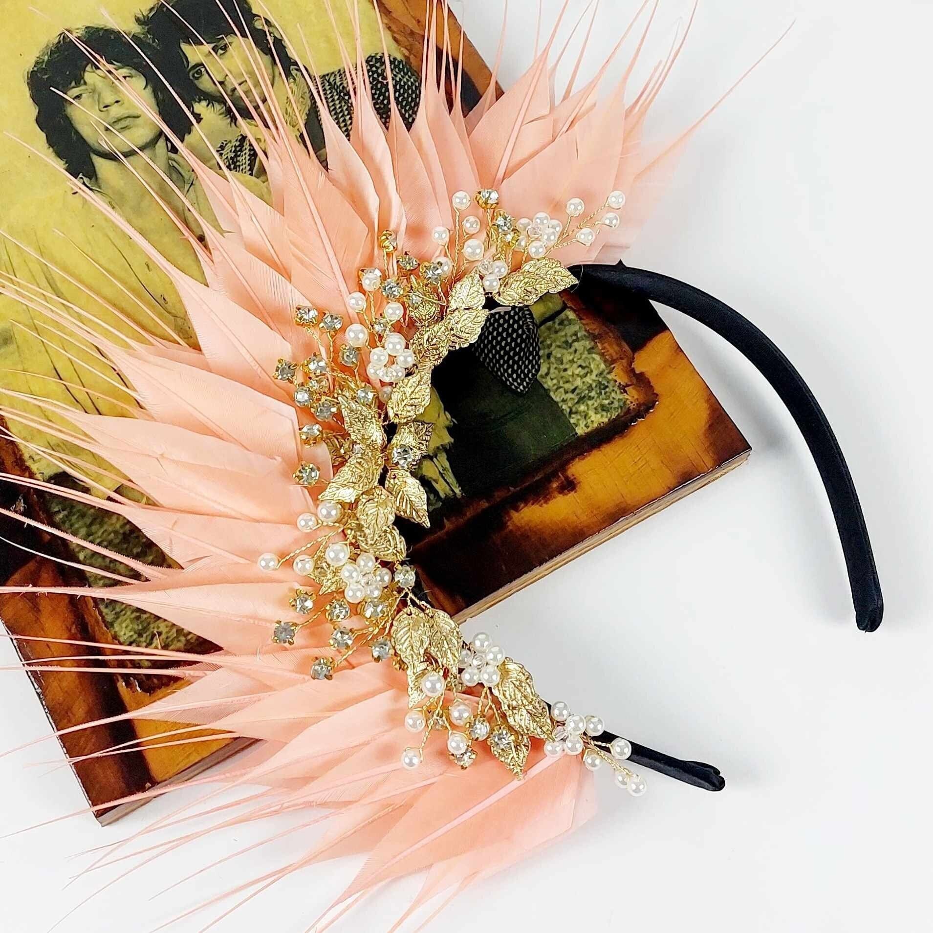 Peach Feather and Gold Vintage Style Jewelled Fascinator Race Day Headpiece