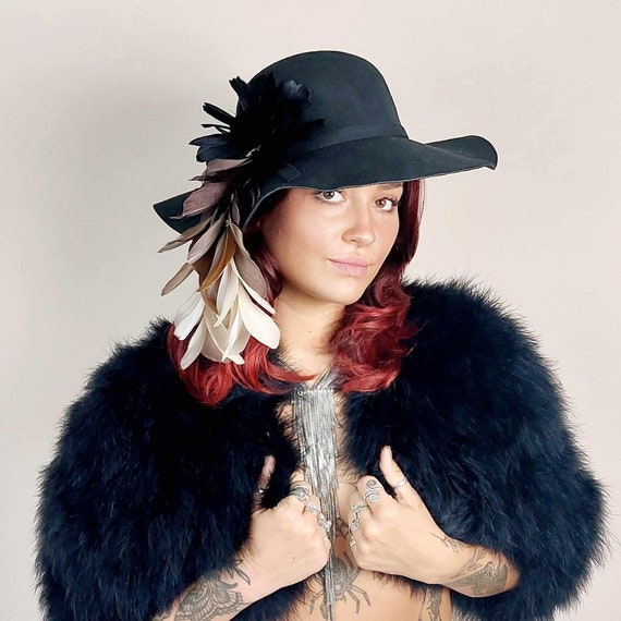 Black Felt Floppy Hat With Beige Brown Ombré Feathers Vintage