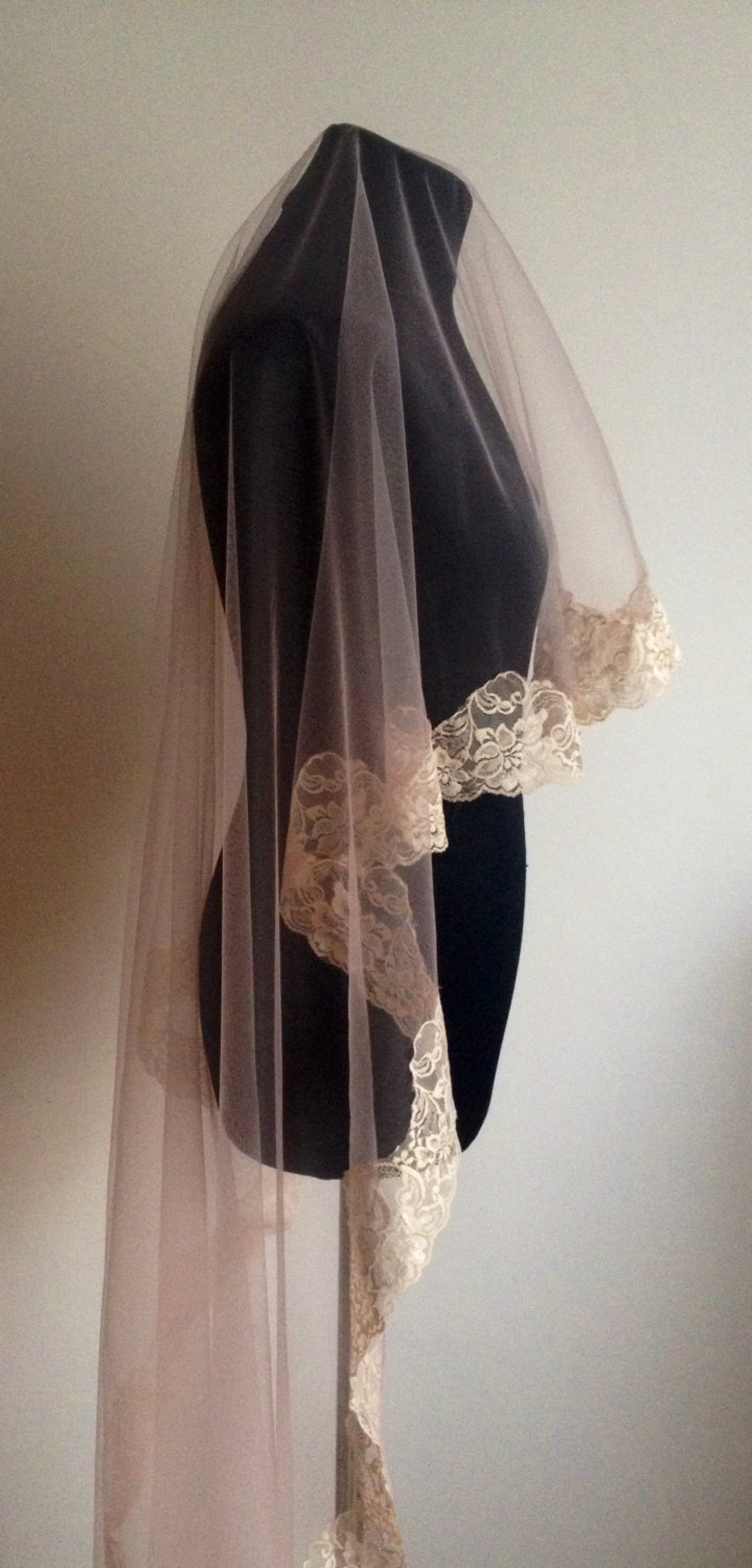 Mantilla Blush pink veil Lace Bridal Veil Soft Wedding Veil Etsy