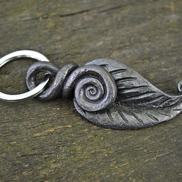 Forged leaf keychain with a spiral / Blacksmith hand made keyring