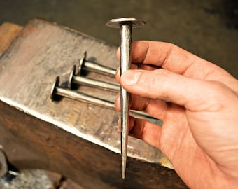 Hand forged nails 12.5x3 cm (5 x 1 3/16"), custom finish / blacksmith made steel spikes / historical forging / coat hanger / forged hook