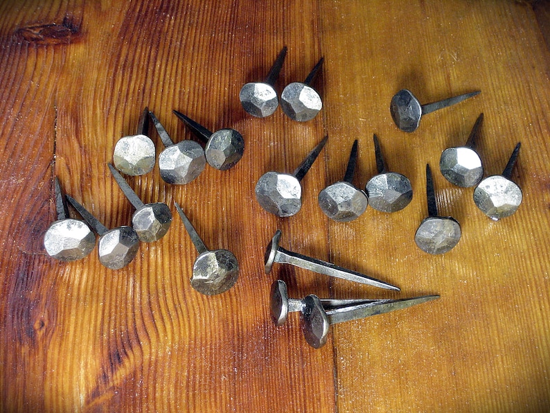 Five hand forged nails M size rosehead blacksmith made steel spikes log cabin decor rustic folk interior ancient nordic