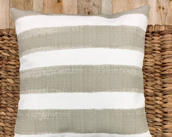 Striped Outdoor Pillow Cover, Neutral Taupe and White, Water Resistant