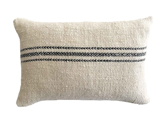 Vintage Grainsack Lumbar Pillow, Black Striped Farmhouse Pillow Cover
