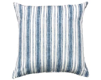 Blue Striped Cotton Pillow Cover, Minimalist Design