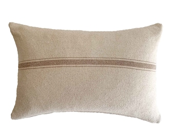 Tan Striped Farmhouse Lumbar Pillow Cover, Natural Linen Back