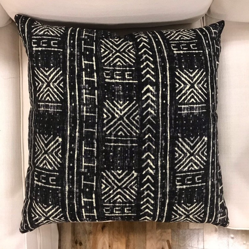 Black Mud Cloth Pillow Cover, CAMILA, Black Tribal Pillow, Black and Beige Pillows image 1