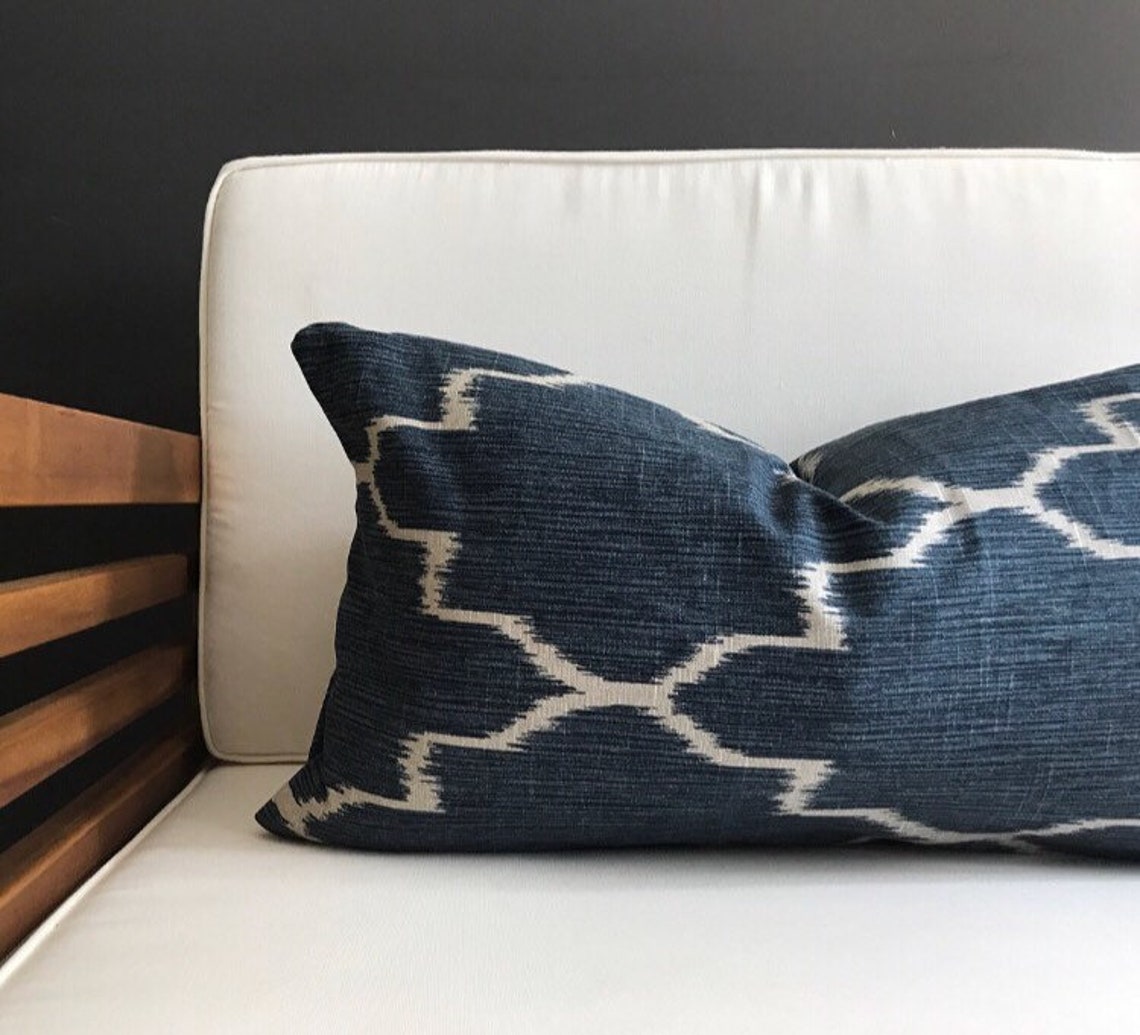Indigo Lumbar Pillow Cover Navy Blue Ikat Lumbar Pillow Etsy
