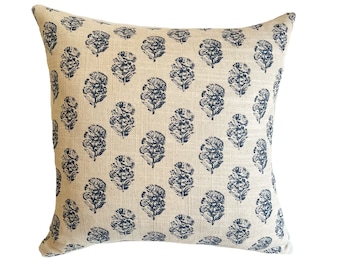 Blauer Blumen Blumen Kissenbezug, Navyblaue & Haferflocken Leinen, Lendenkissen