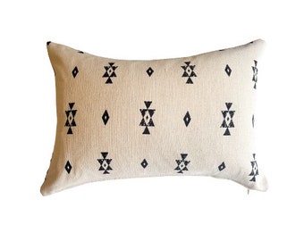 Block Print Pillow Cover, Moroccan Pattern Statement, Black Lumbar Pillows
