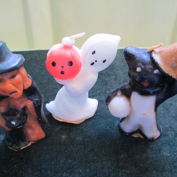 3 Halloween Gurley Candles 1950's Ghost, Witch and Cat