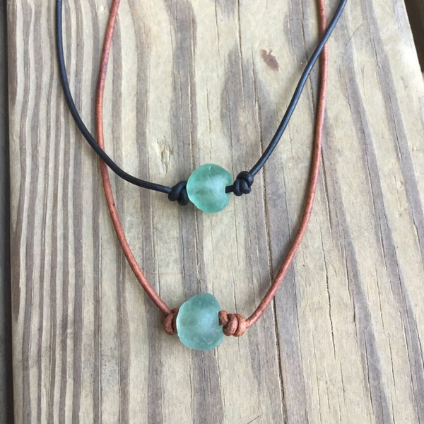 Beach Necklace - Boho necklace - beach glass - layering necklace - leather necklace