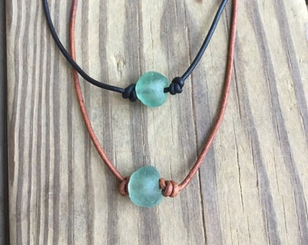 Beach Necklace - Boho necklace - beach glass - layering necklace - leather necklace