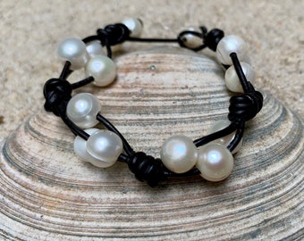 Freshwater Pearl Leather Bracelet: Boho Beach Jewelry