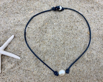 Blue Leather Pearl Necklace: Single Freshwater Pearl, Beachy Surfer Style
