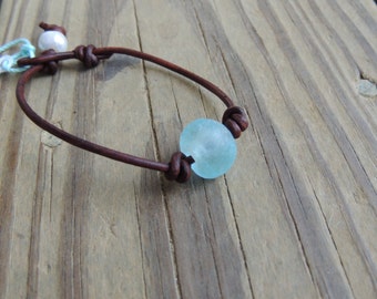 Beach bracelet - African glass - leather and pearl bracelet - beach wedding - beach lovers gift - boho bracelet