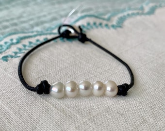 Dainty Leather and Freshwater Pearl Bracelet for Women, June Birthstone Bracelet