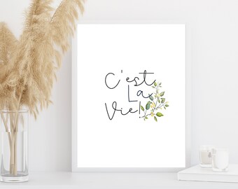 C'est La Vie Wydrukowana sztuka ścienna, czarno-biały minimalistyczny wydruk, inspirujące cytaty, pobieralna sztuka, wystrój akademika, sztuka plakatu