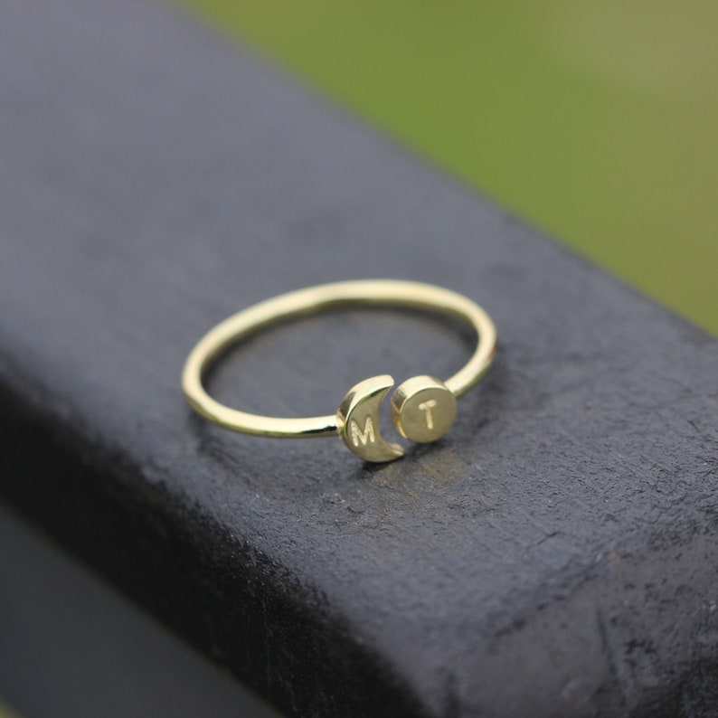 14k solid gold Personalized Open sun and moon Ring,Gold initial ring,Custom Initials Ring,His and Hers Rings,Night and Day Ring,Gold ring