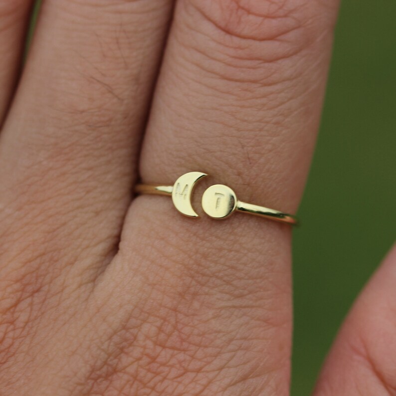 14k solid gold Personalized Open sun and moon Ring,Gold initial ring,Custom Initials Ring,His and Hers Rings,Night and Day Ring,Gold ring