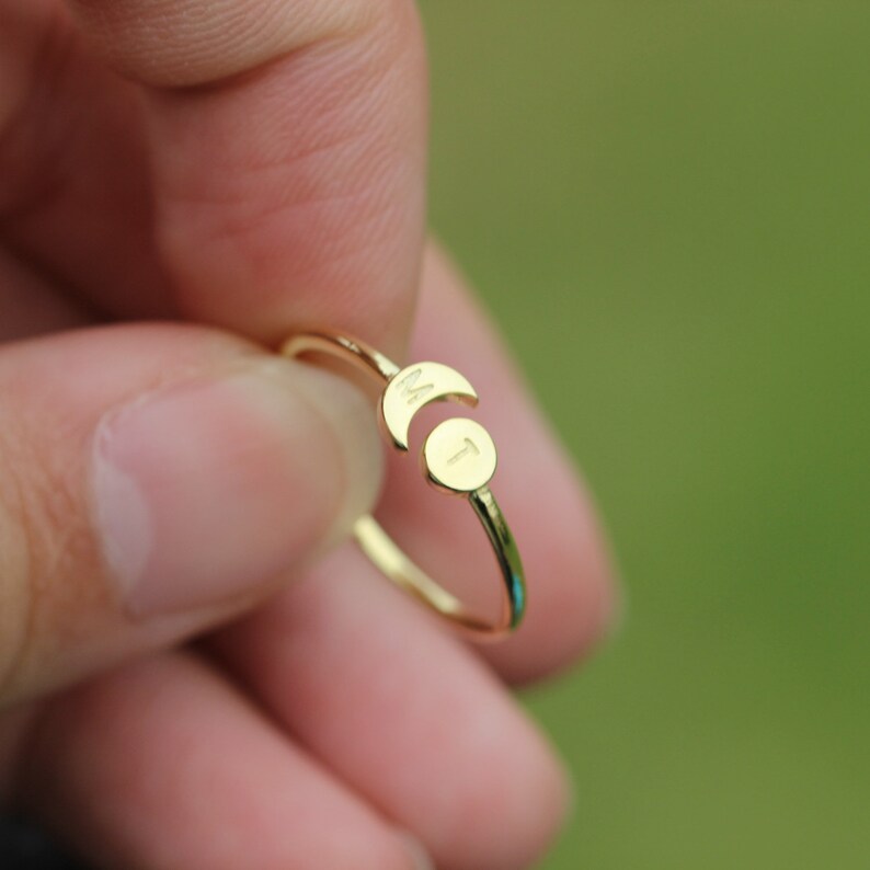 14k solid gold Personalized Open sun and moon Ring,Gold initial ring,Custom Initials Ring,His and Hers Rings,Night and Day Ring,Gold ring
