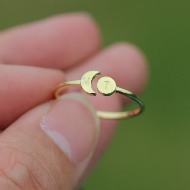 14k solid gold Personalized Open sun and moon Ring,Gold initial ring,Custom Initials Ring,His and Hers Rings,Night and Day Ring,Gold ring