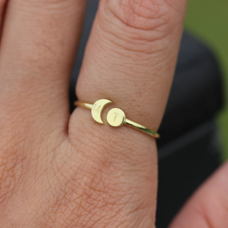 14k solid gold Personalized Open sun and moon Ring,Gold initial ring,Custom Initials Ring,His and Hers Rings,Night and Day Ring,Gold ring