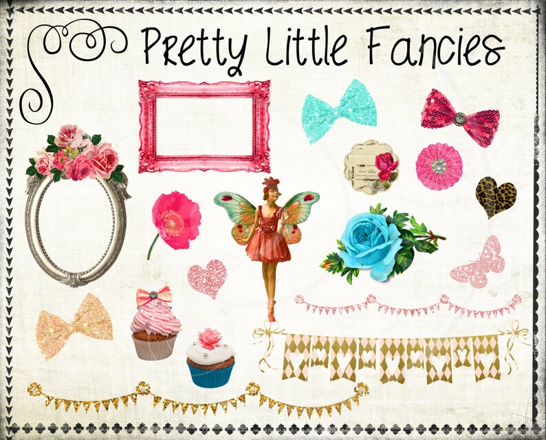 19 Digital Clip Art Elements Frames Roses Bows Vintage Fairy Cupcakes Banners Erflies Hearts Collage Sheet