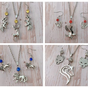 Fire Emblem Three Houses inspired crystal pendant necklace and earrings (Blue Lions, Black Eagles and Golden deer)