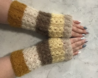 One of a kind whit brushed alpaca knitted, soft and warm fingerless gloves with a beautiful pattern.