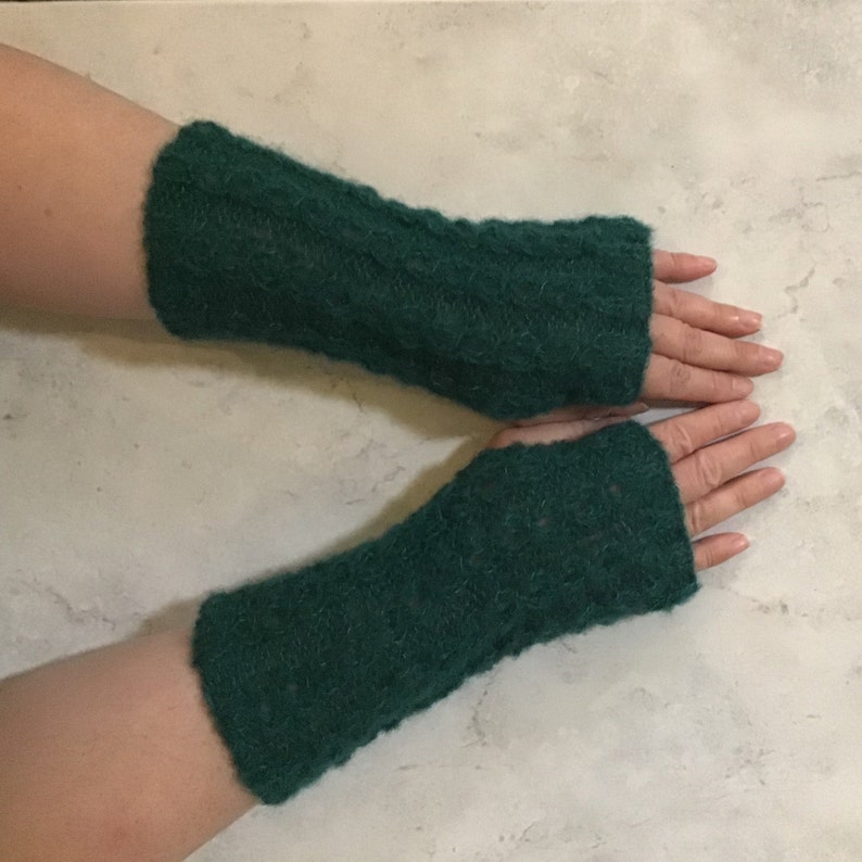 With alpaca silk knitted soft and warm fingerless gloves in a beautiful pattern image 1