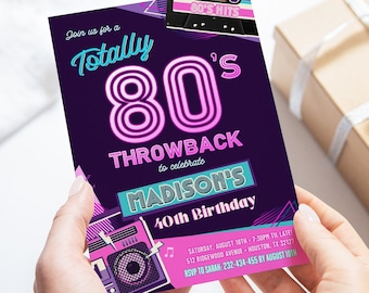 Invitación de cumpleaños de los 80 / Invitación para fiesta de cumpleaños de mujer con casete retro de los 80 / Plantilla imprimible y editable / Descarga instantánea 80S1