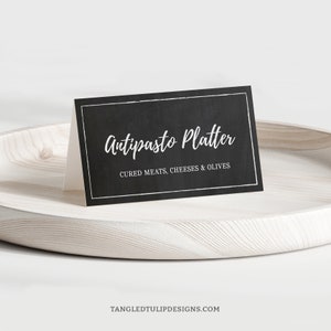 Cartões de tenda editáveis, modelo de cartão de tenda com rótulo de alimentos, quadro-negro, cartões de tenda de bufê para impressão, nome do prato do bufê, estilo de giz, Corjl MS