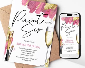 Paint and Sip Birthday Invitation | Paint and Sip Champagne Party Invite | Printable & Phone Editable Template | Instant Download PAI2