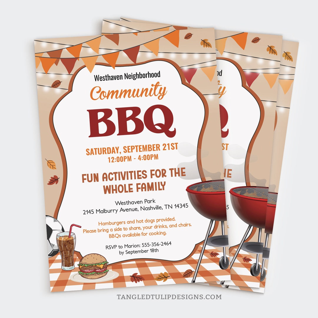 Fall Community BBQ Invitation, Community BBQ Flyer Template, Editable ...