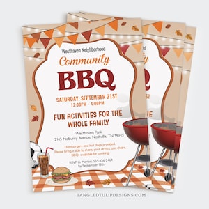 Herbst Community BBQ-Einladung, Community BBQ Flyer Vorlage, bearbeitbare Herbst Grilleinladung, Herbst Community Picknick-Ankündigung, Corjl